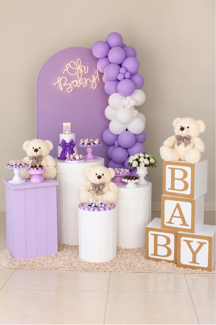 Chá de Bebe Lilás E Branco C/ Balão - Luli Pegue e monte 