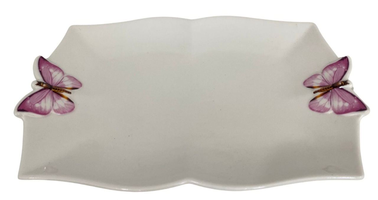 184- Travessa Retangular de Porcelana "Borboletas" 3 Cm Comp X 16 Cm Altura X 24 Cm Largura - M - PRIME DECOR RJ