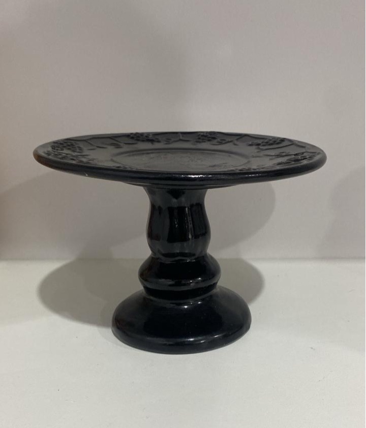 141- Boleira de Ceramica Preta Redonda Detalhe Uvas 10Cm Larg X 14Cm Alt- Pp - PRIME DECOR RJ