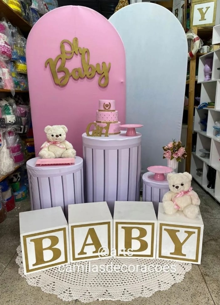 Chá de Bebê Rosa/ Capas Listras - Art's Camila's Decorações 
