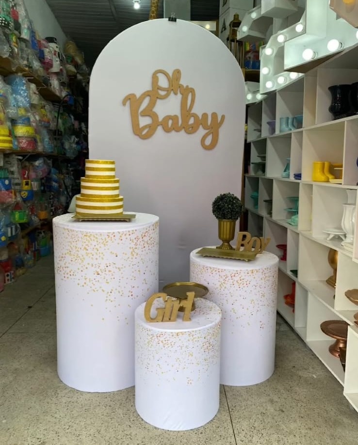 Chá de Bebê Oh Baby Branco Brilho Dourado - Art's Camila's Decorações 