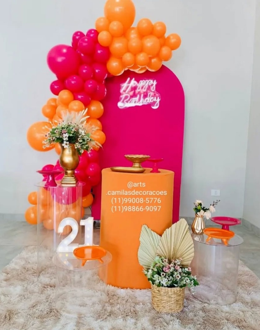 Happy Birthday Laranja E Rosa Pink - Art's Camila's Decorações 