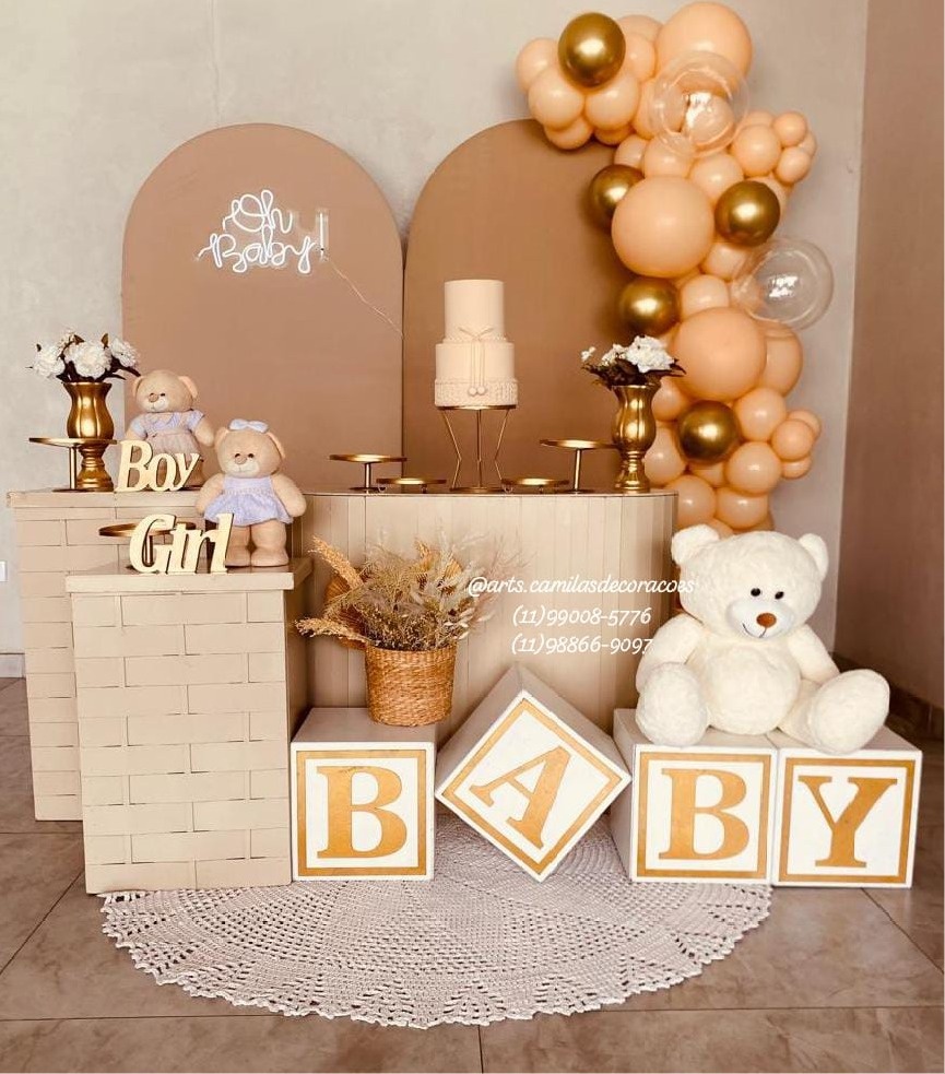 Chá de Bebê Revelação Bege Ursinhos - Art's Camila's Decorações 