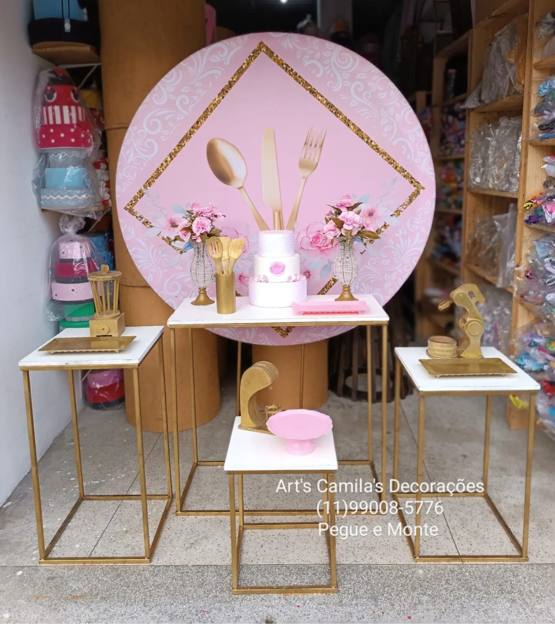 Chá de Cozinha Rosa Mesas de Ferro  - Art's Camila's Decorações 