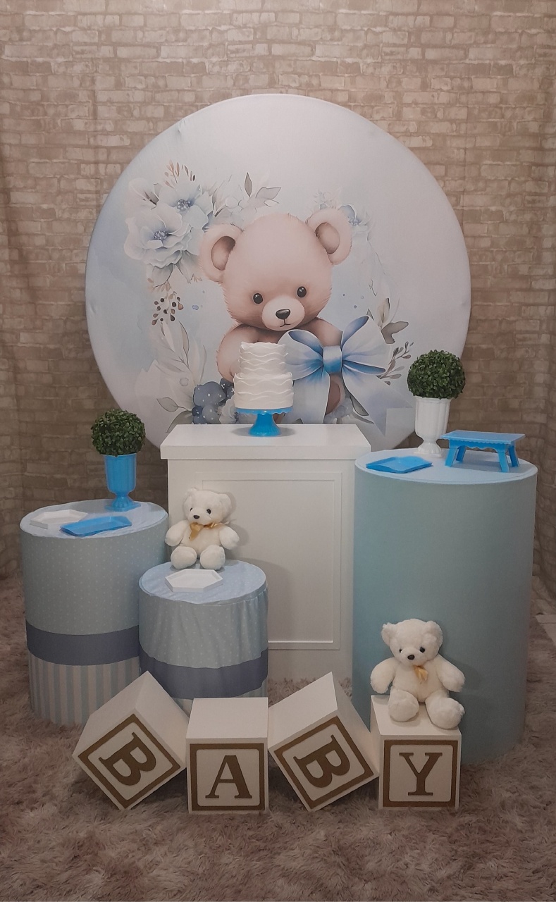  Chá de Bebê Urso Laço Prata Cubos  - Up Festas 