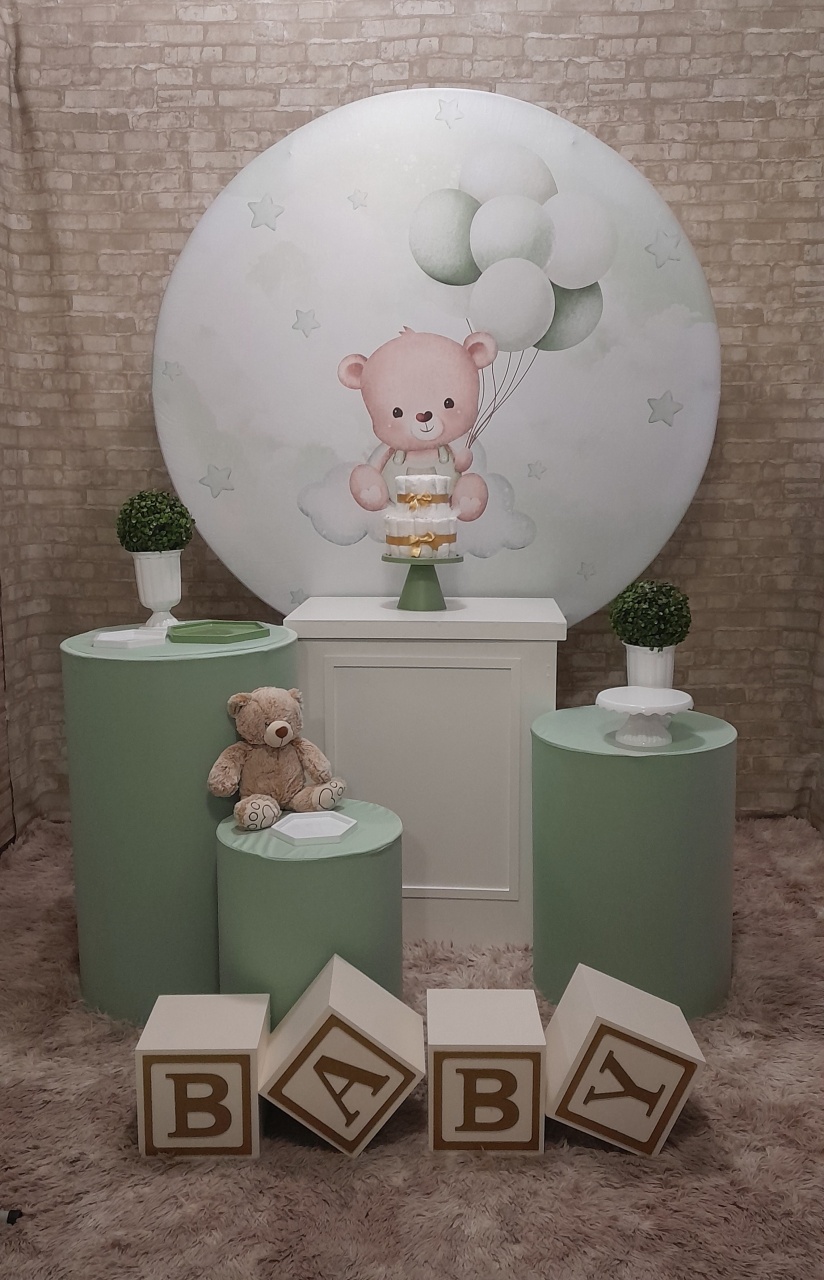 Kit Prata Chá de Bebê Urso Verde Prata Cubos  - Up Festas 