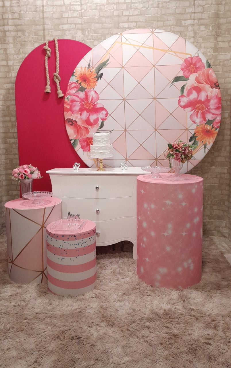Kit Ouro Floral Geométrico Rosa C/ Luminária Lx 02 - Up Festas 