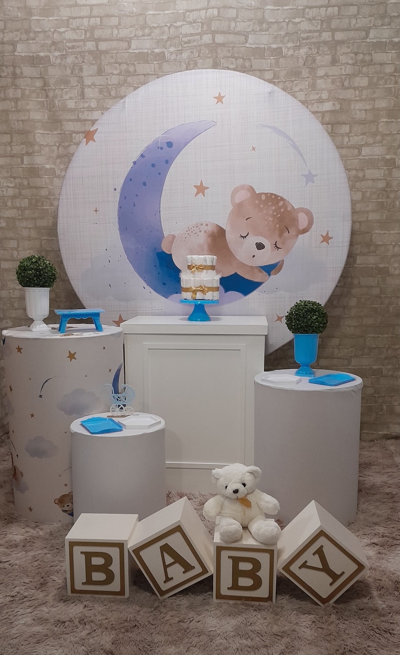 Chá de Bebê Urso Lua Azul Prata Cubos - Up Festas 