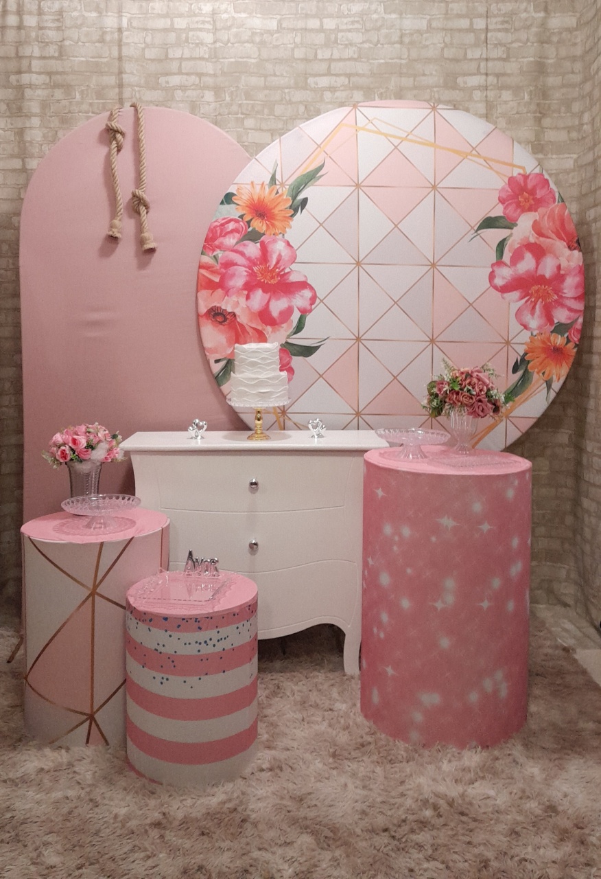 Kit Ouro Floral Geométrico Rosa C/ Luminária Lx - Up Festas 