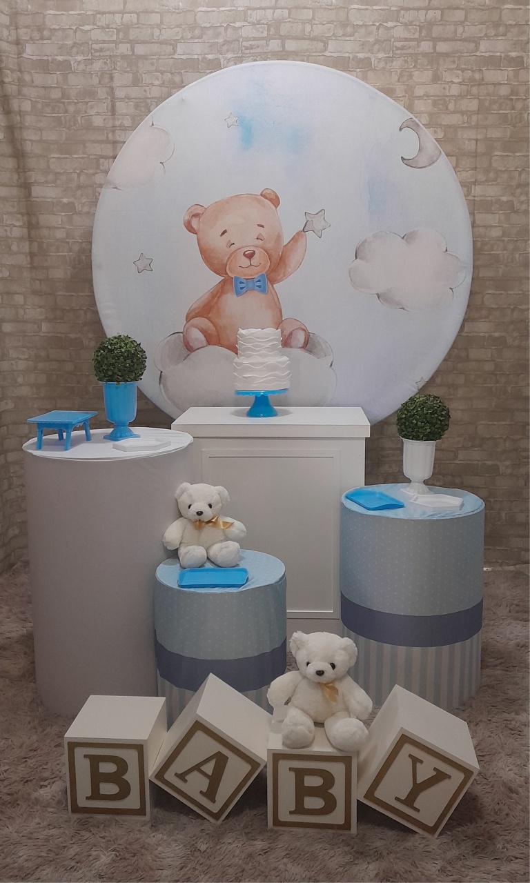 Chá de Bebê Urso Estrela Prata Azul Cubos - Up Festas 