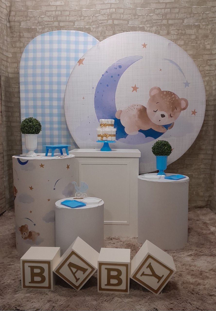 Chá de Bebê Lua Azul/Xadrez Ouro Cubos  - Up Festas 