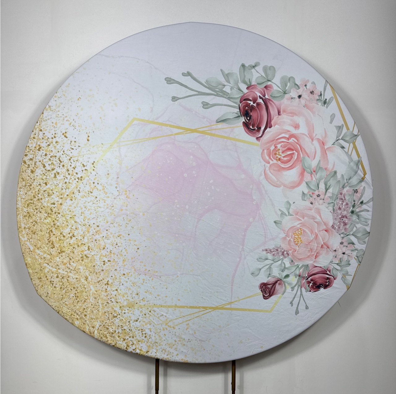 Painel Redondo - Floral Rosa E Dourado E Vinho - Doces Festas Decorações e Pegue e Monte