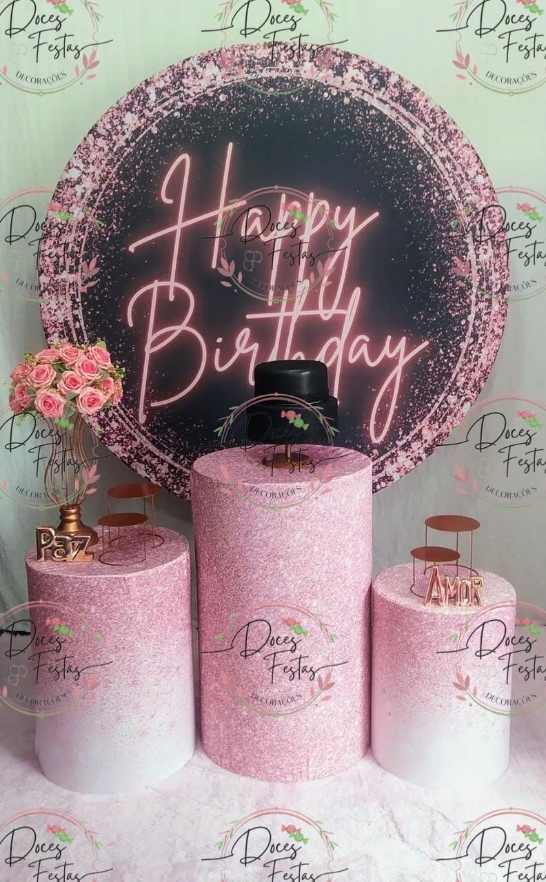 Kit Glitter Preto E Rose Happy Birthday - Doces Festas Decorações e Pegue e Monte