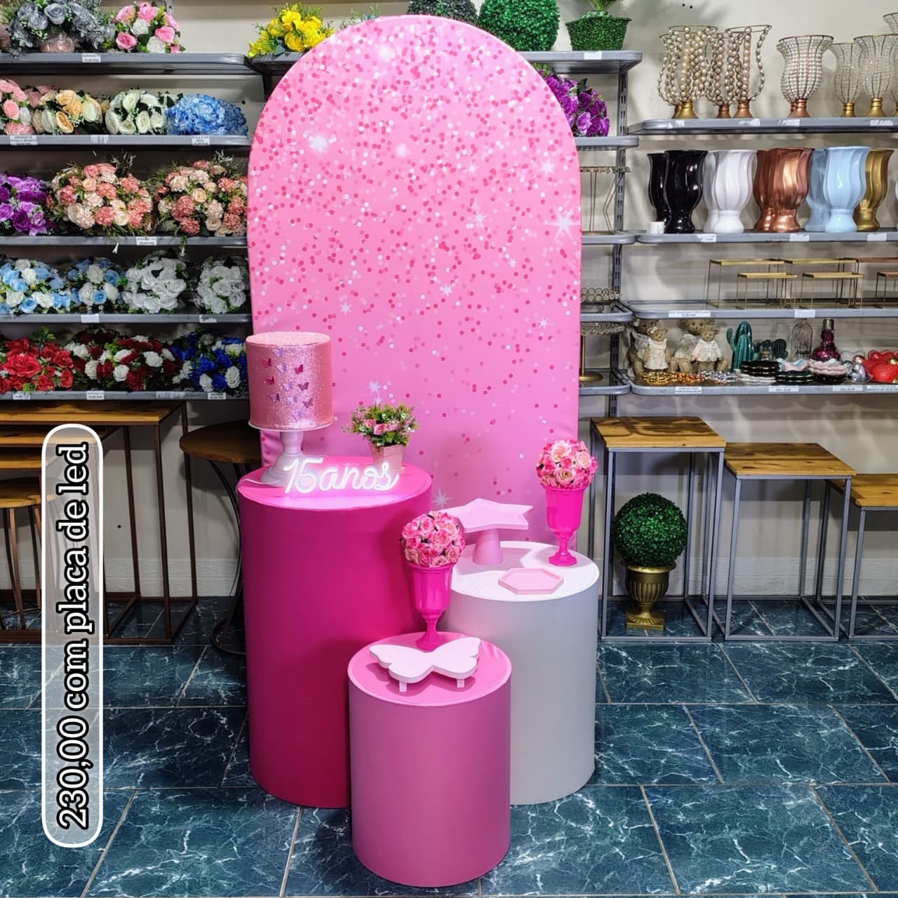 Romano Painel Rosa Glitter Com Placa de Led (Festejar) 5 * - Bn Decorações 