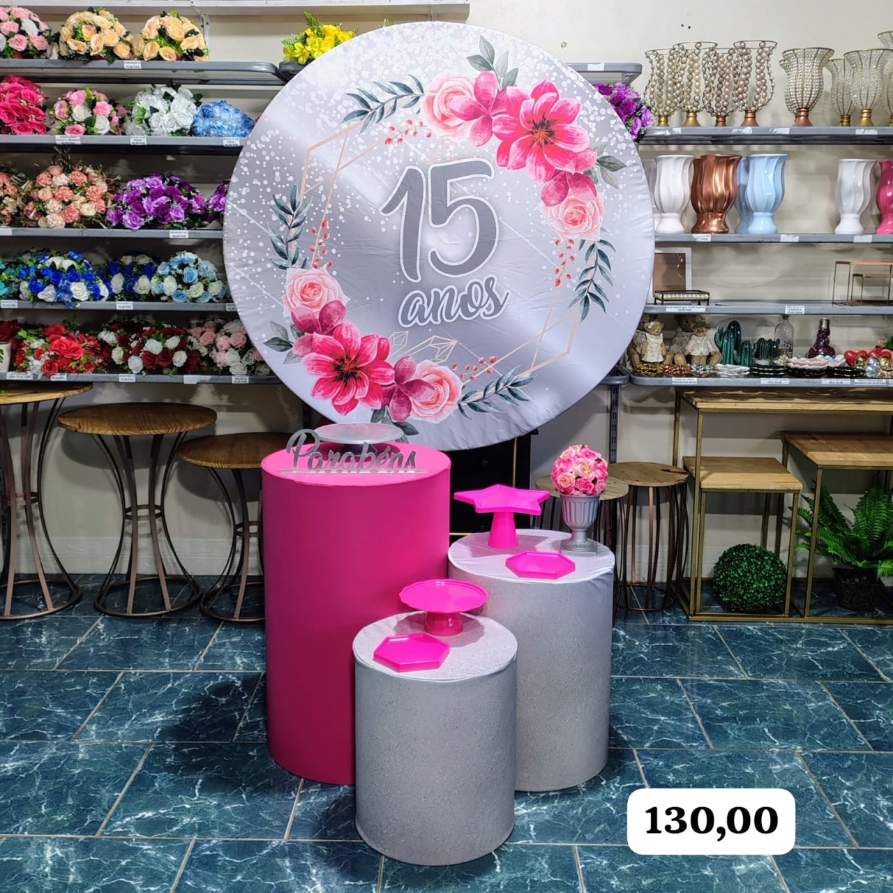 15 Anso Prata Com Rosa (Composição Com Cilindros) * - Bn Decorações 