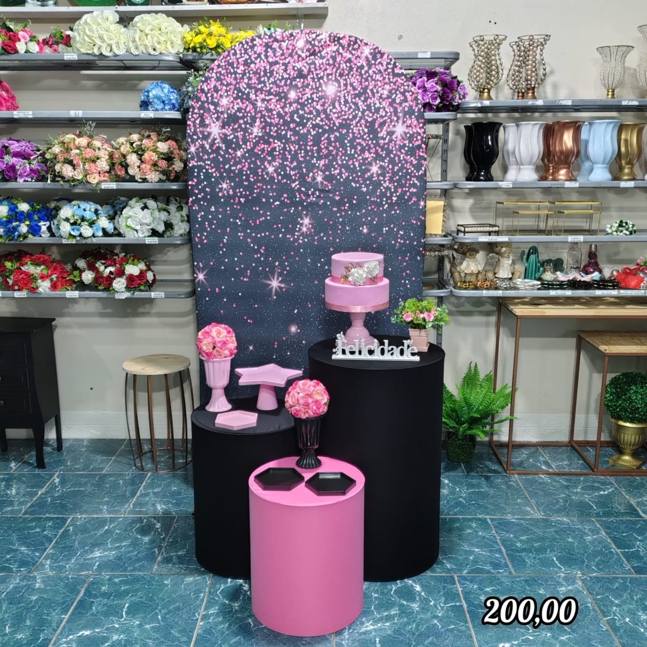 Romano Painel Preto Com Rosa Glitter (Festejar) 7 * - Bn Decorações 