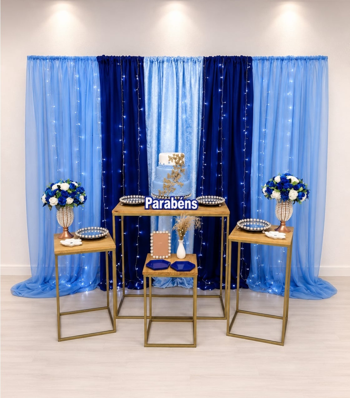 Azul Com Cortinas E Cortina de Led (Composição) * - Bn Decorações 