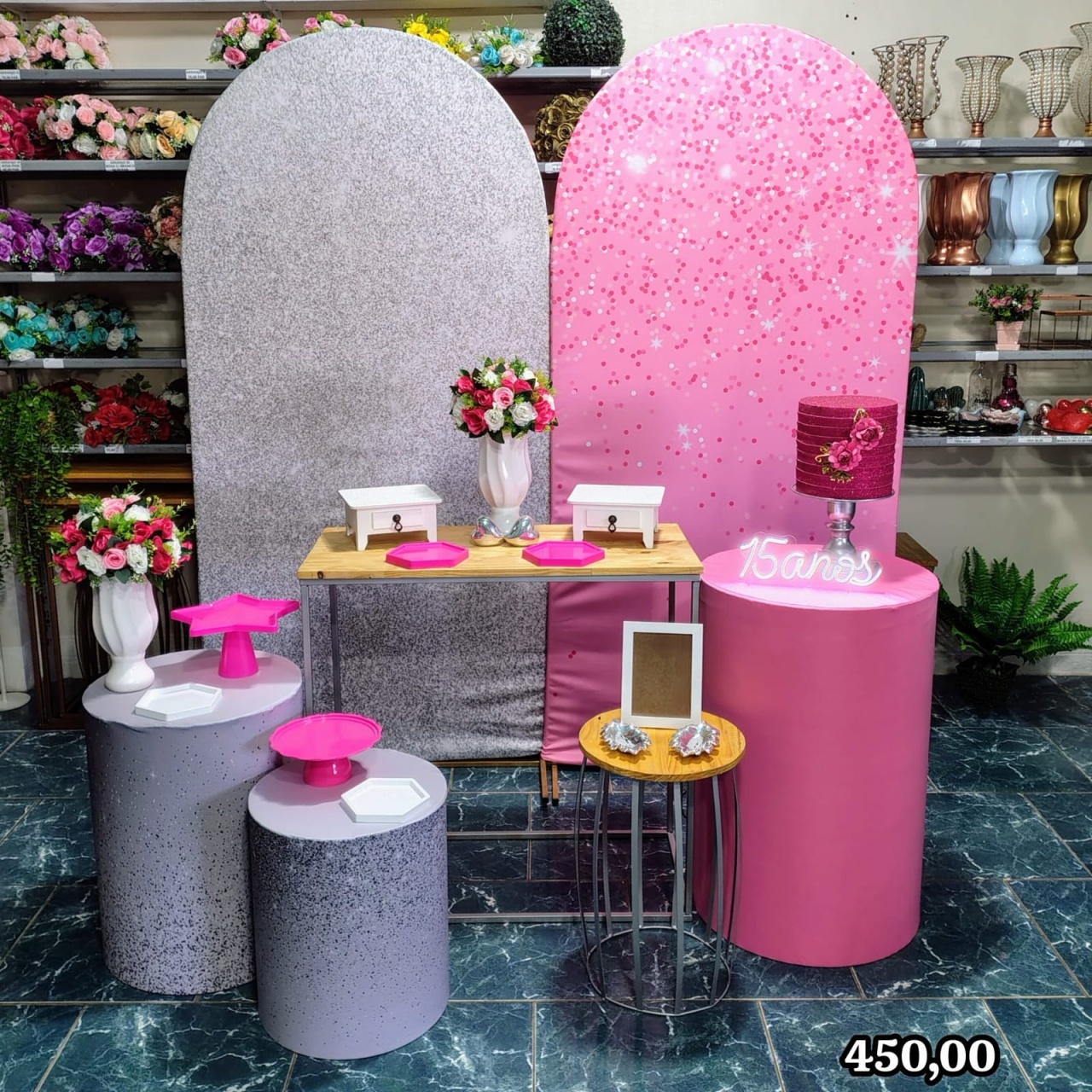Romano 2 Painel Prata E Rosa Bebê Glitter (Composição) * - Bn Decorações 