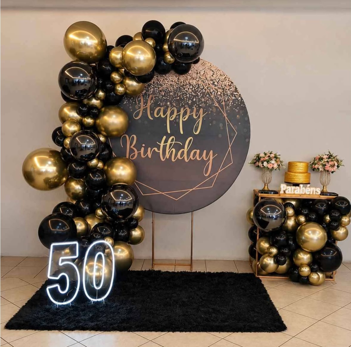 Heppy Birthaday Preto Com Dourado (Composição) * 2 - Bn Decorações 