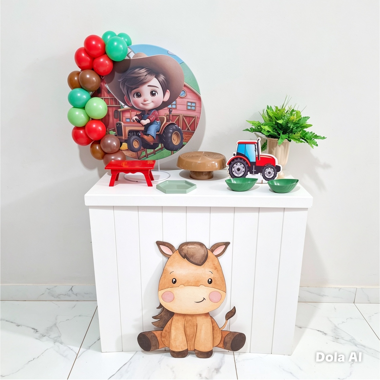 Mini Kit de Mesa Com Cômoda E Display de Chão Cavalinho Fazendinha - Balo Mais Festas Pegue E Monte