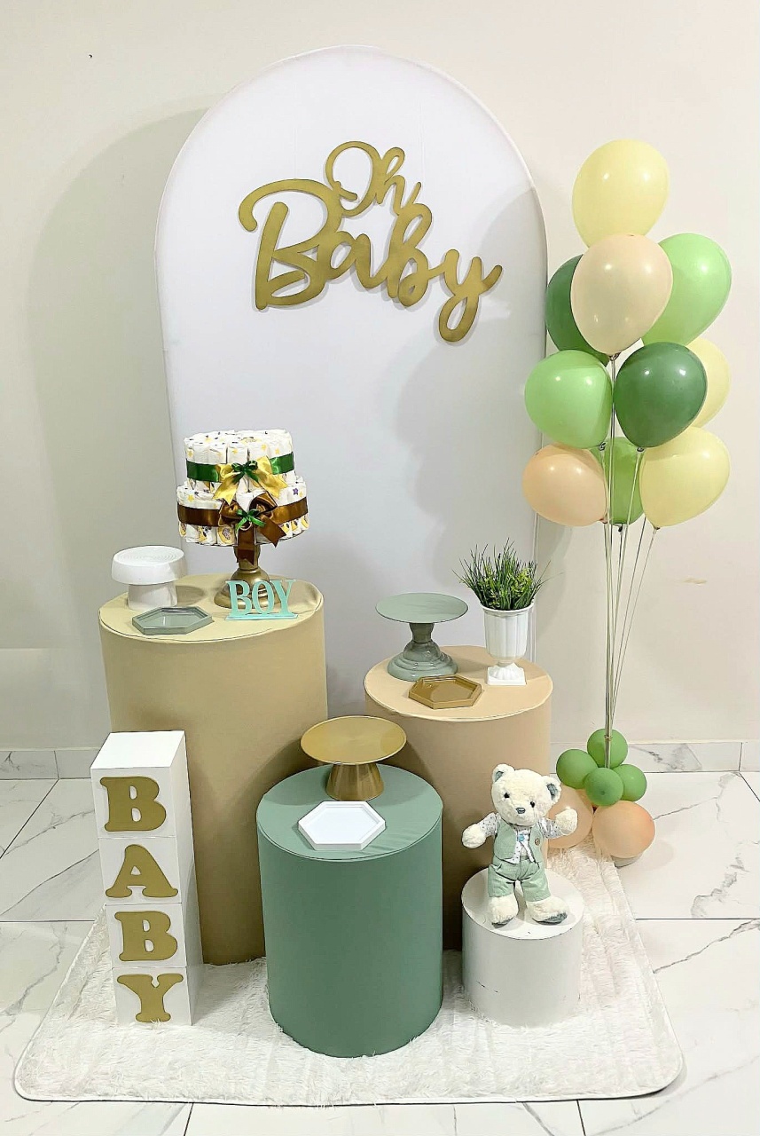 Chá de Bebê Menino Branco Bege Verde Kit Diferenciado - Balo Mais Festas Pegue E Monte