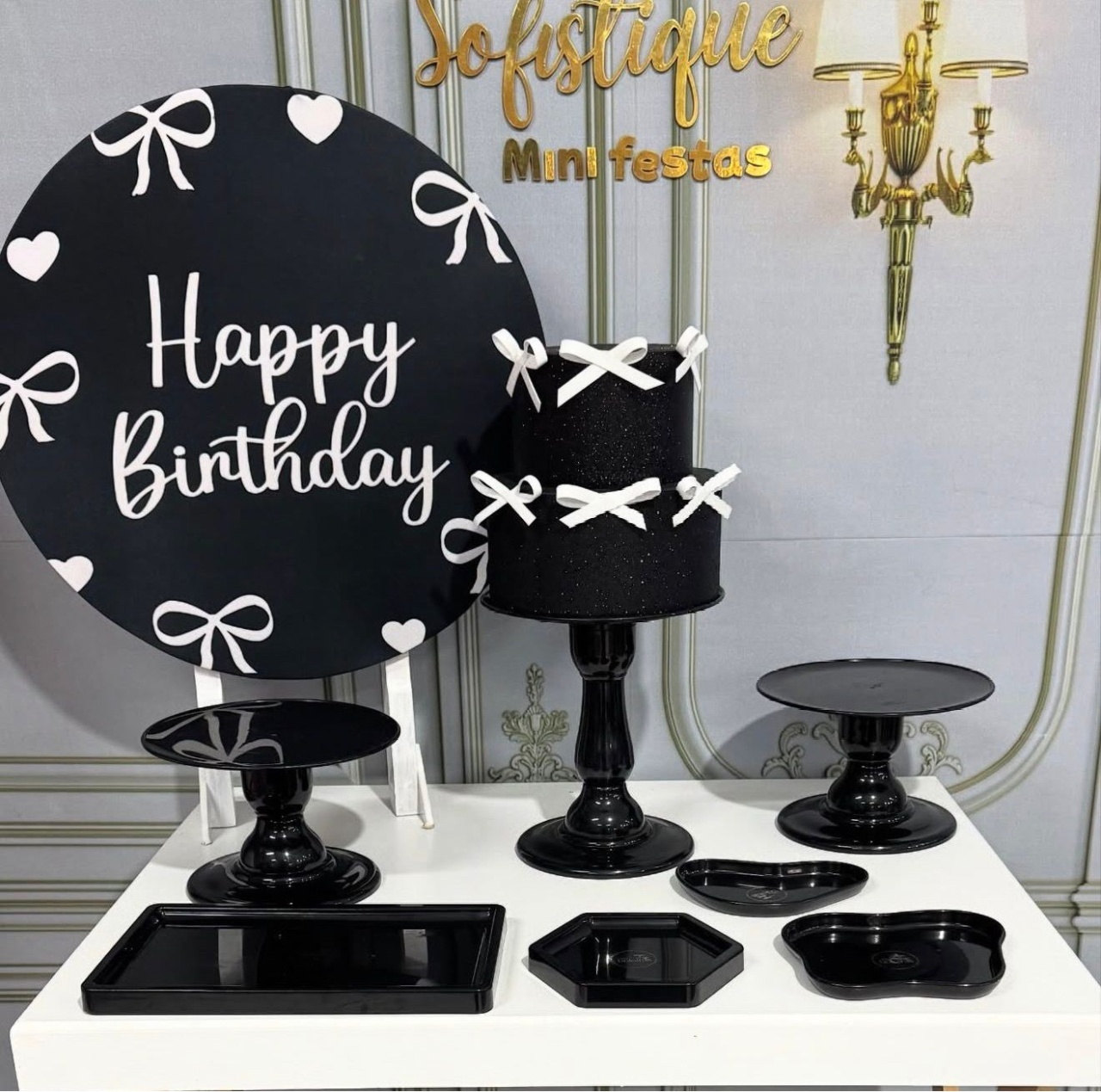 Happy Birthday Preto Com Laços Mini - SofistiqueDecor