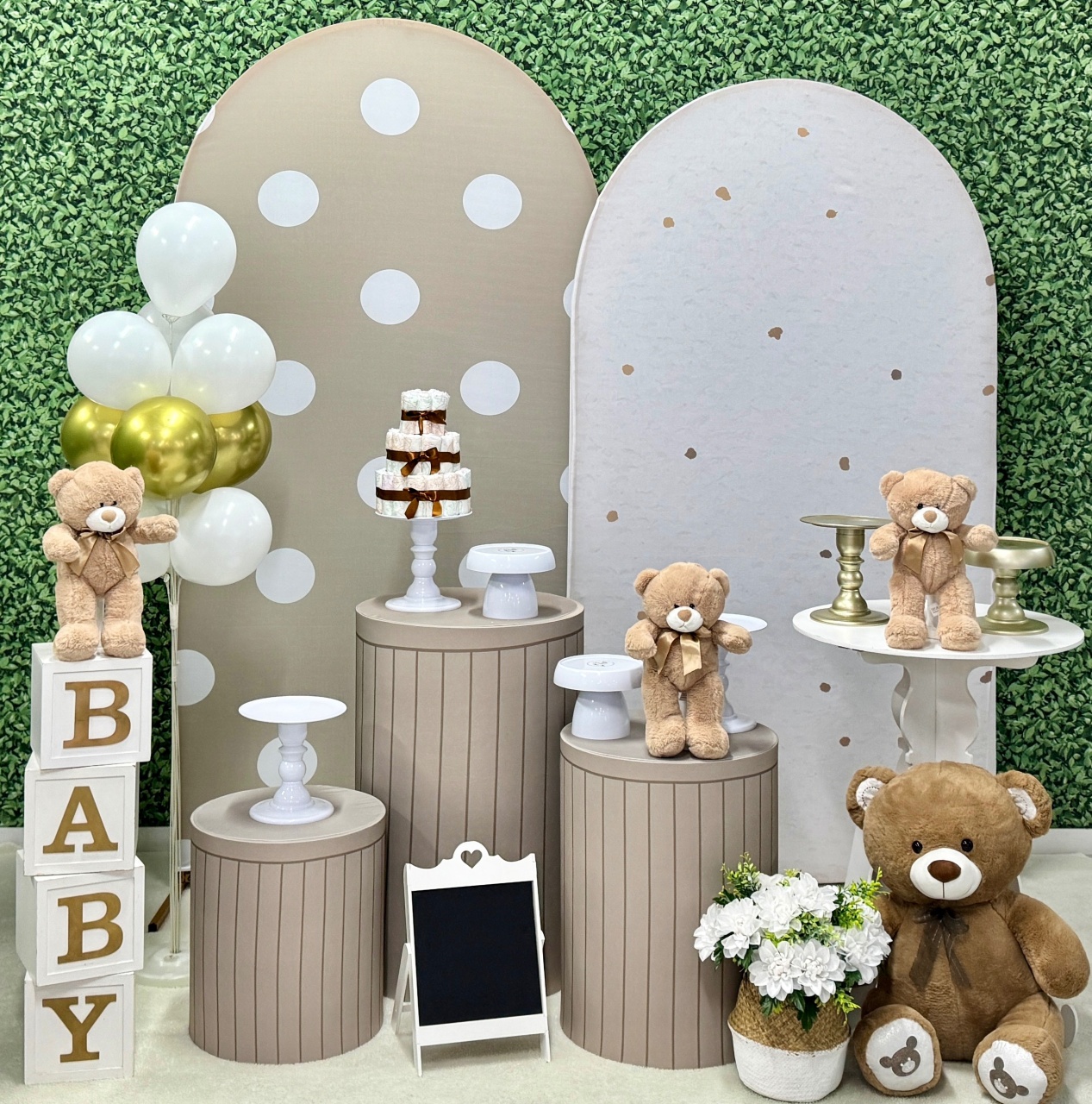 Chá de Bebê Poá Bege Ursos - 2 Painéis Romanos - SofistiqueDecor