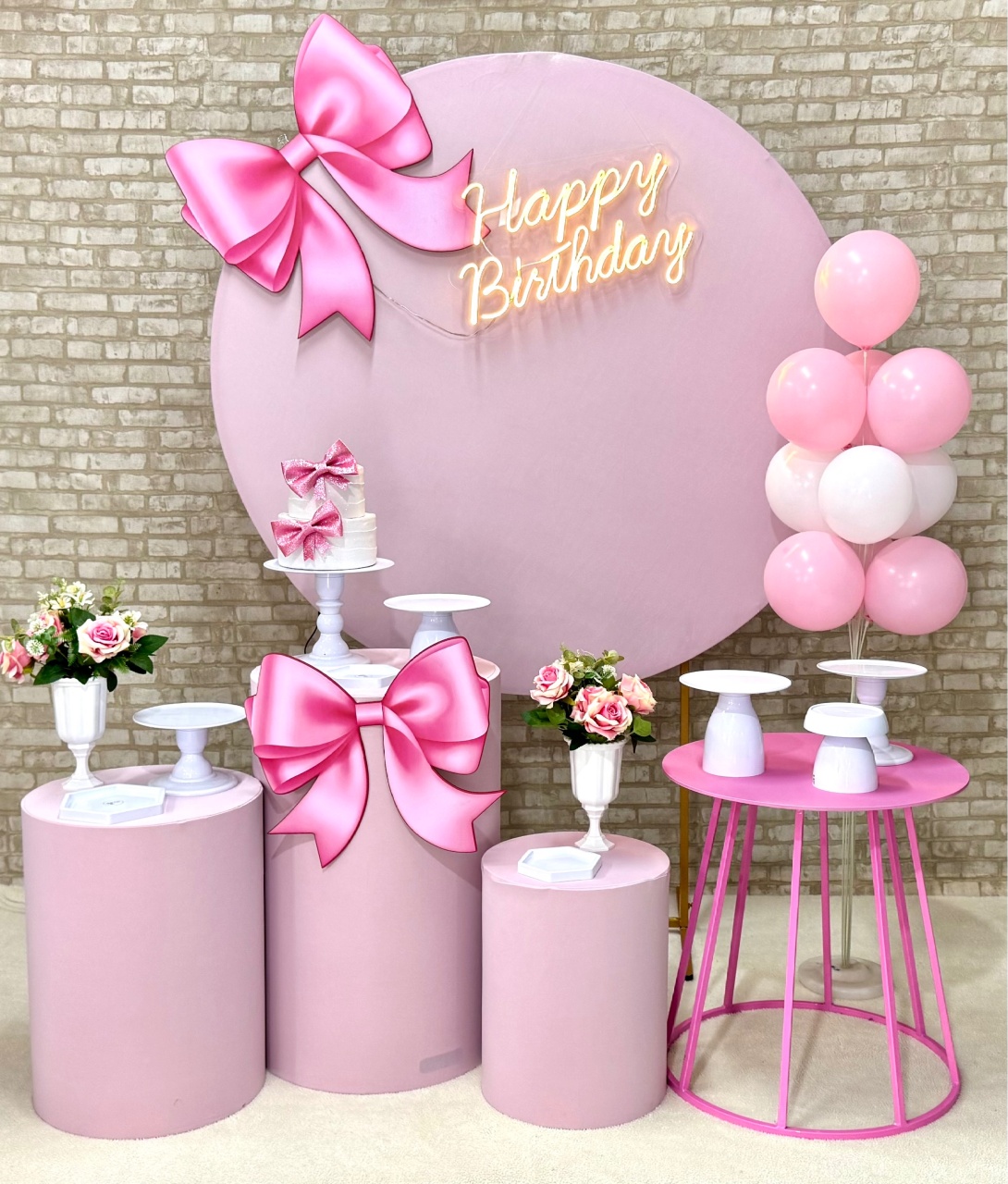 Laço Rosa Com Led Happy Birthday  - SofistiqueDecor
