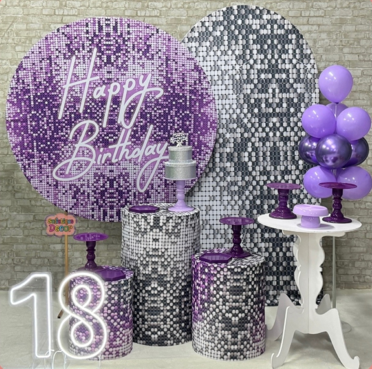 Happy Birthday Roxo E Prata Com Painel Lateral Romano  - SofistiqueDecor