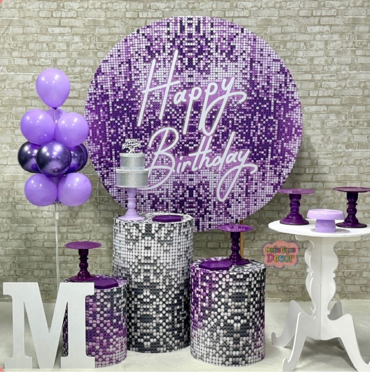 Happy Birthday Roxo E Prata Glitter - SofistiqueDecor