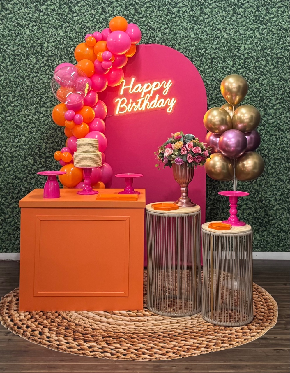 Happy Birthday Rosa Laranja - Modelo 2 - SofistiqueDecor