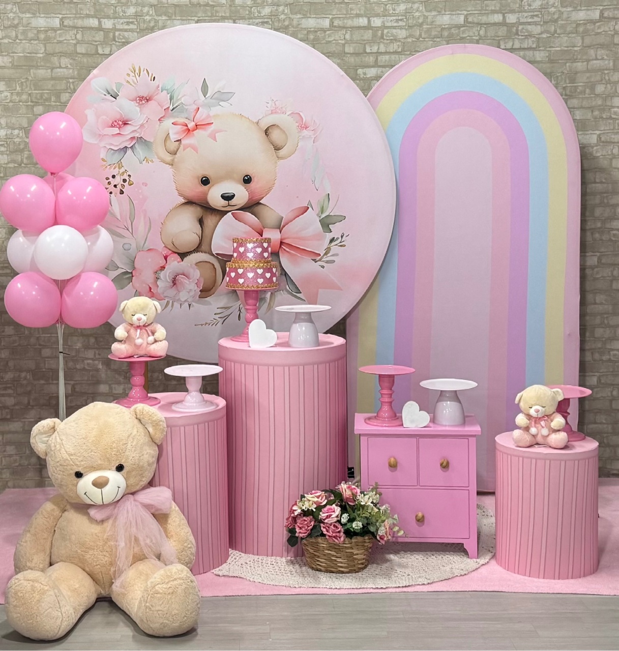 Ursinha Laço Rosa Com Painel Lateral Romano - Modelo 2 - SofistiqueDecor