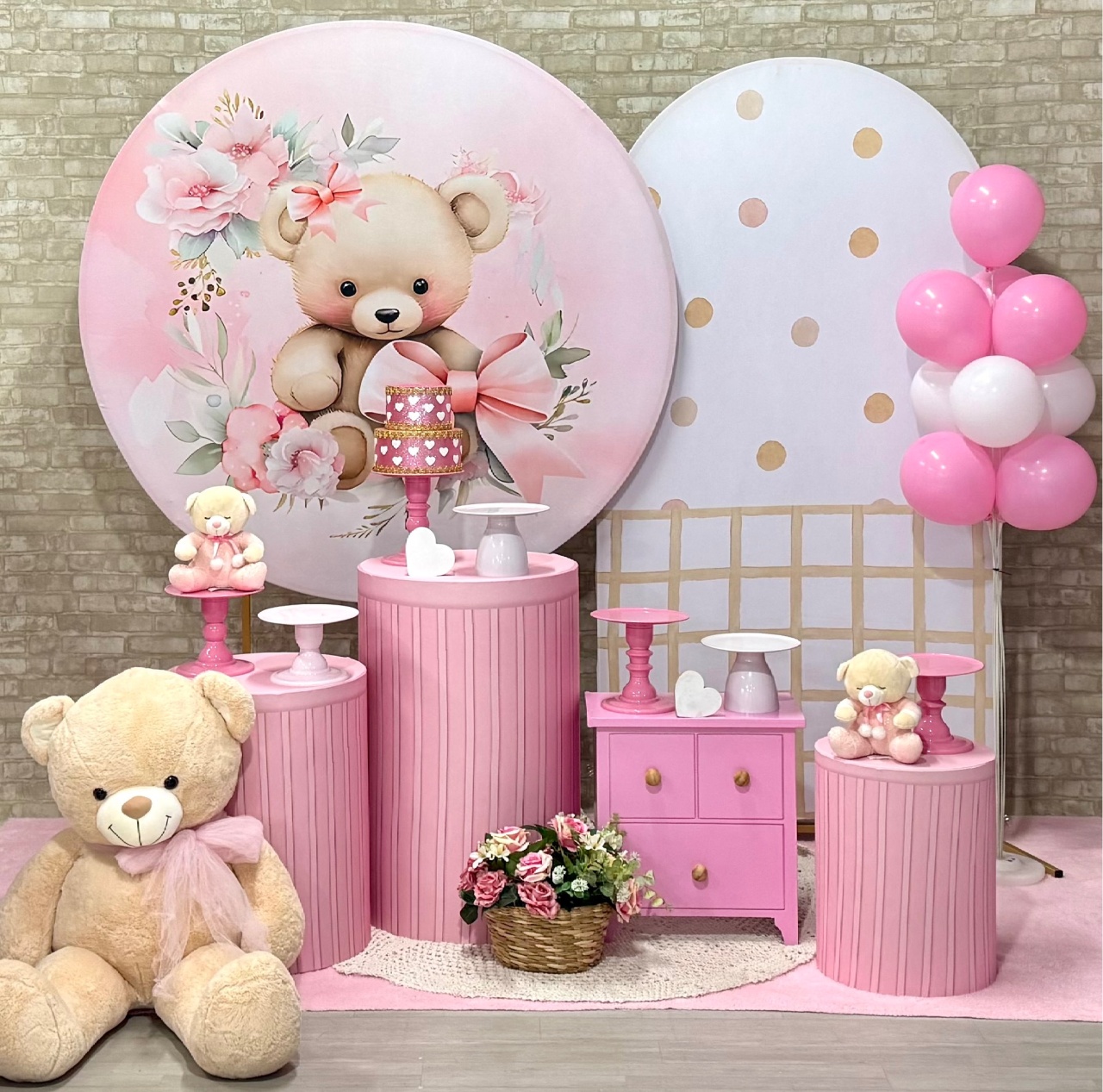 Ursinha Laço Rosa Com Painel Lateral Romano - Modelo 1 - SofistiqueDecor