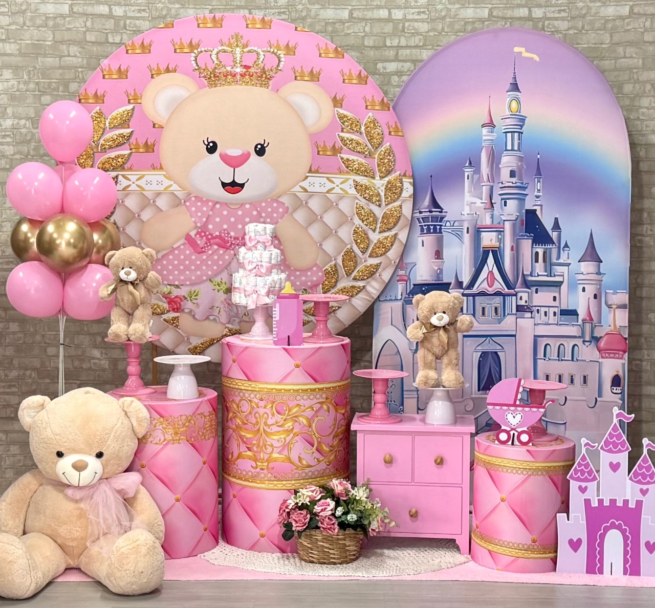 Ursinha da Realeza Rosa Com Painel Lateral Romano - SofistiqueDecor