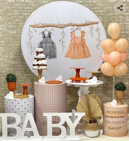 Chá Revelação Varal Roupinhas Bege - SofistiqueDecor