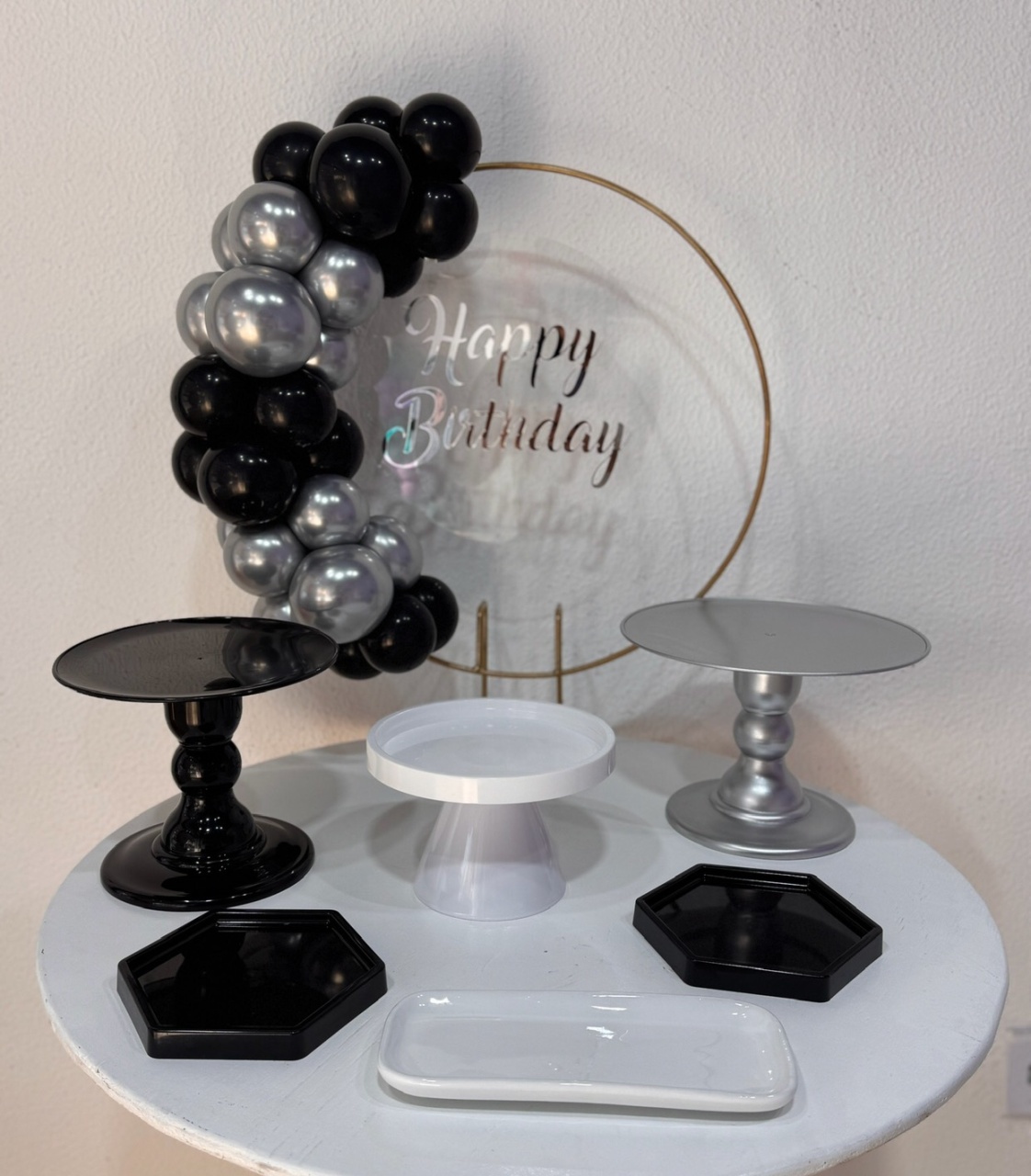Happy Birthday Preto E Prata Acrílico Espelhado  - Brunafestass