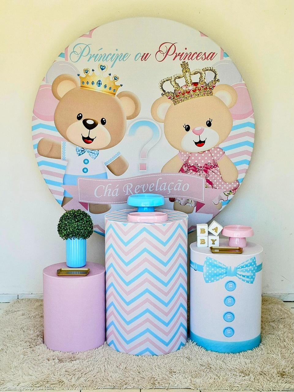 Kit Chá Revelação Unsisnho Príncipe E Ursinha Princesa Azul Claro - Kit Fest Decorações