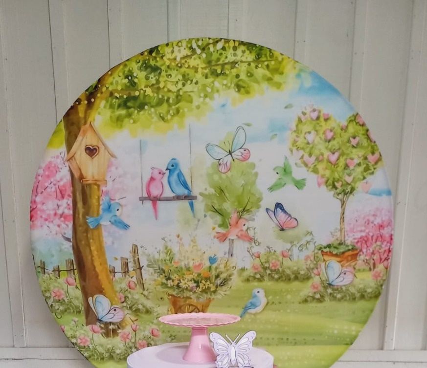 Painel Redondo Tecido Jardim Encantado  -  Jenaina Decoração e Locação 