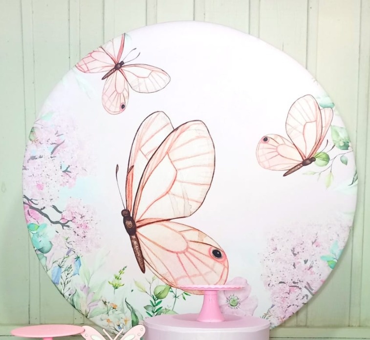 Painel Redondo Tecido Borboletas  -  Jenaina Decoração e Locação 