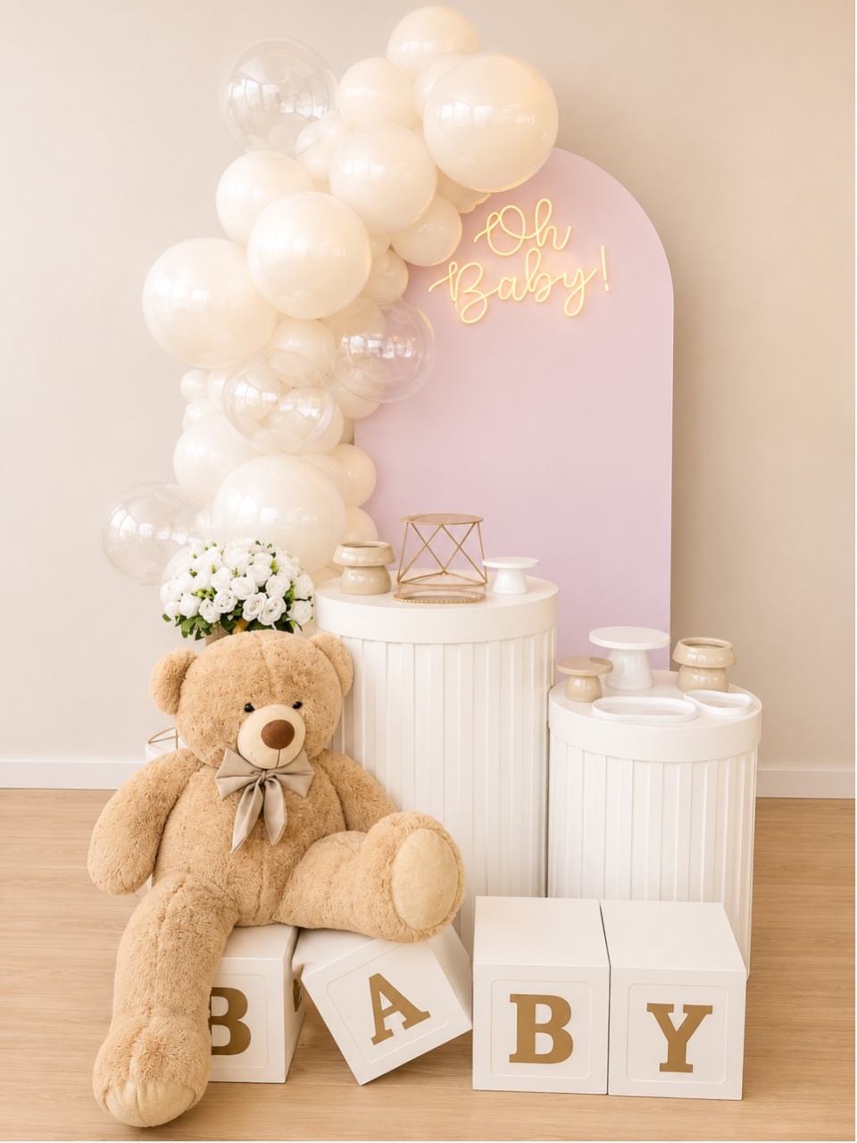 Cha de Bebê Branco Rosa Oh Baby Led - Decoracoes4you