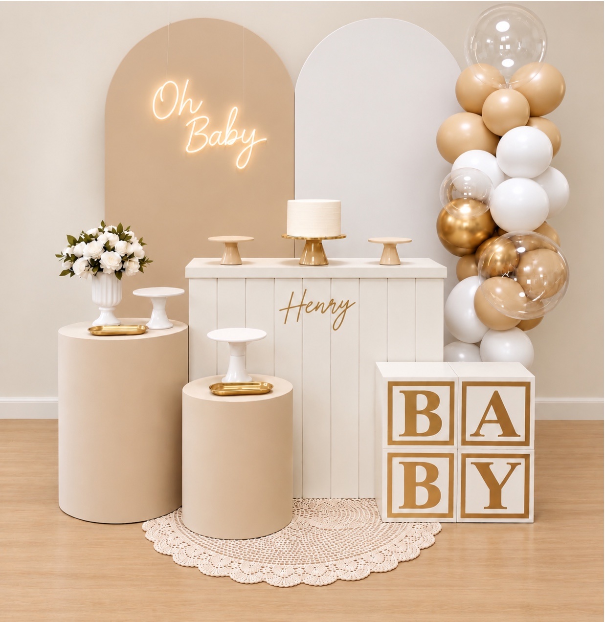 Cha Bebe Dourado Bege Branco - Decoracoes4you