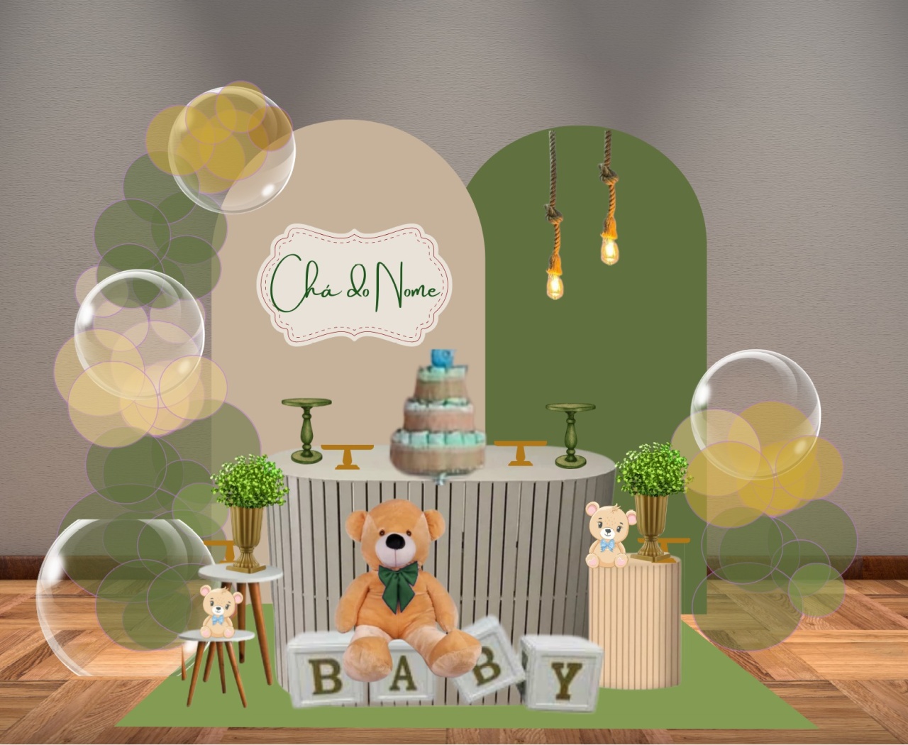 Decoração Chá de Bebê Verde E Nude - Lelefestaschapecó