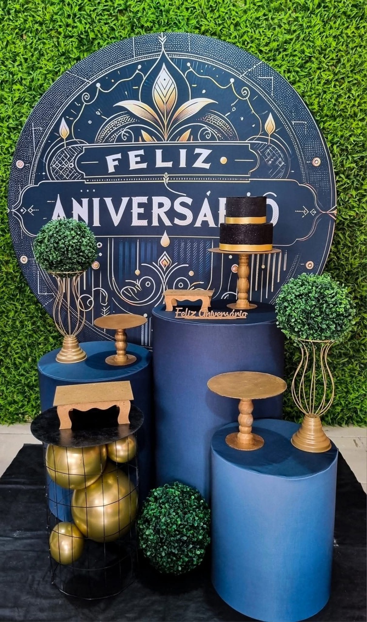 Feliz Aniversário Azul E Dourado - Ouro - Tchumfestasdecoracoes