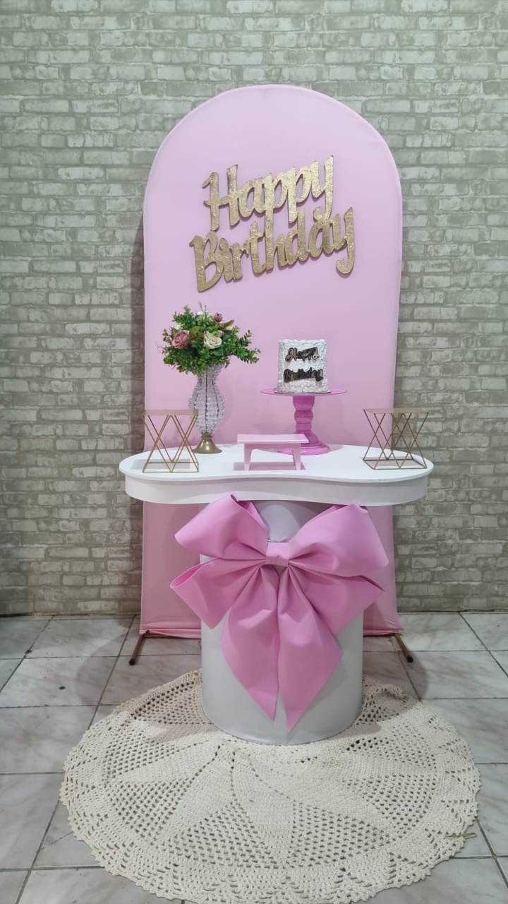 Happy Birthday Laço Rosa - Tchumfestasdecoracoes