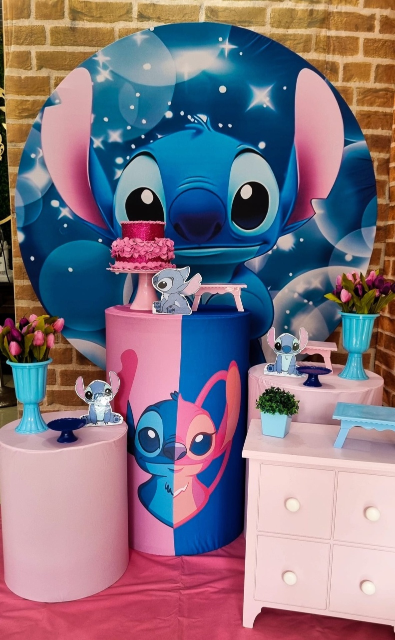Stitch Azul Royal / Rosa - Ouro - Tchumfestasdecoracoes