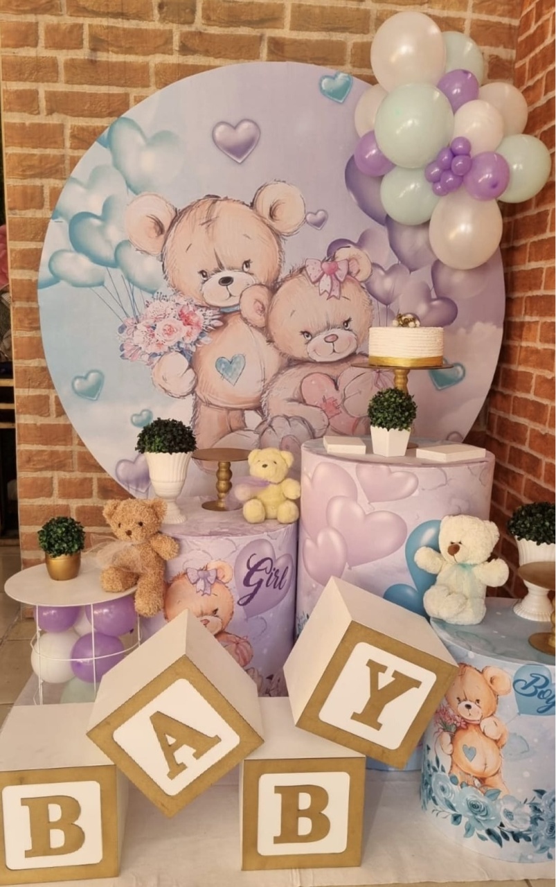 Chá Revelação Ursos Lilas E Verde - Cubos - Tchumfestasdecoracoes