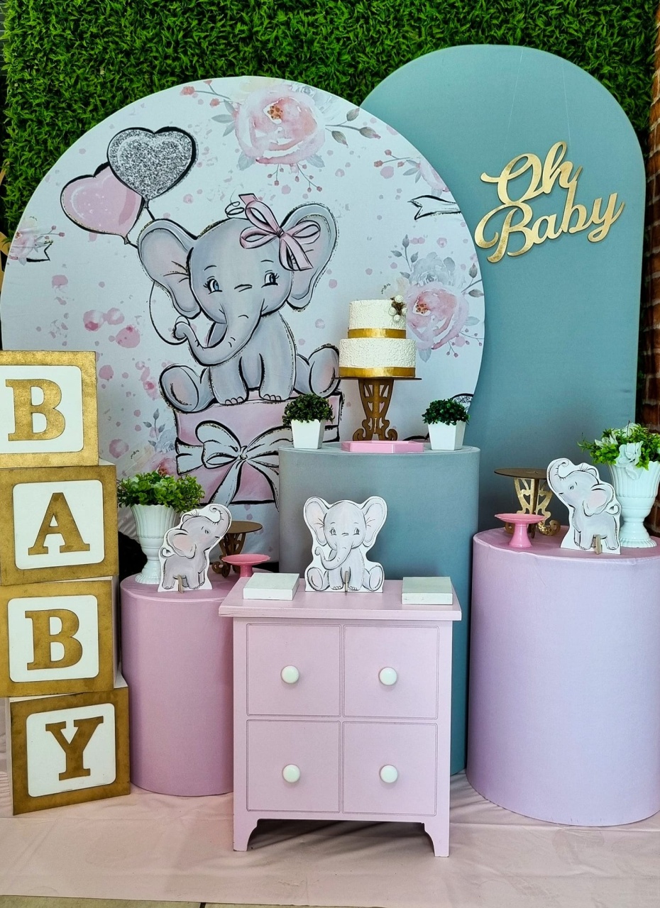 Elefante Cinza Menina - Composição - Tchumfestasdecoracoes