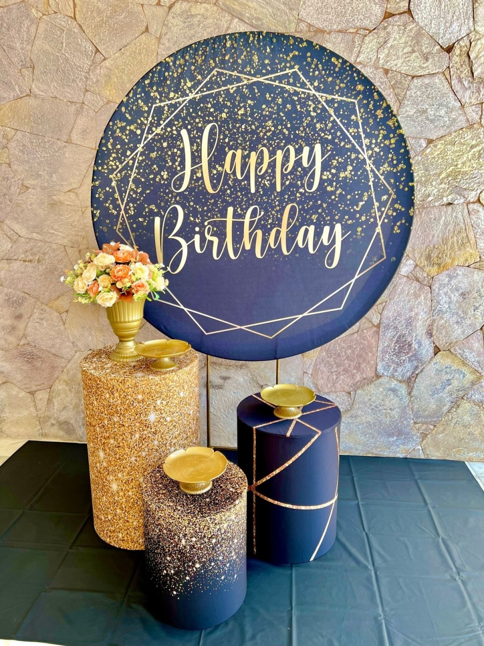Preto Com Dourado Happy Birthday - Flores - kitfestabh