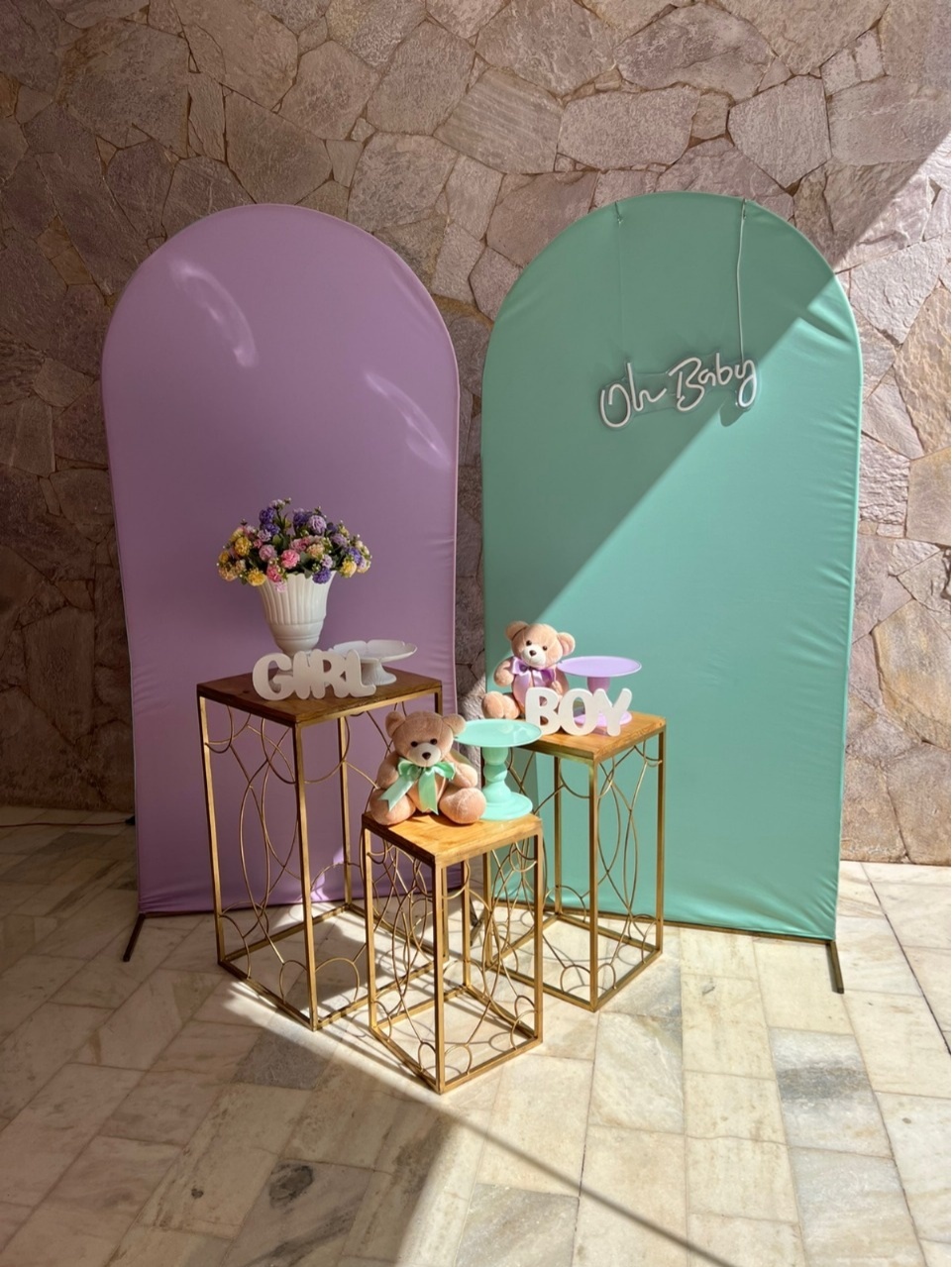 Chá de Bebê Verde E Lilas Com Mesas Quad - kitfestabh