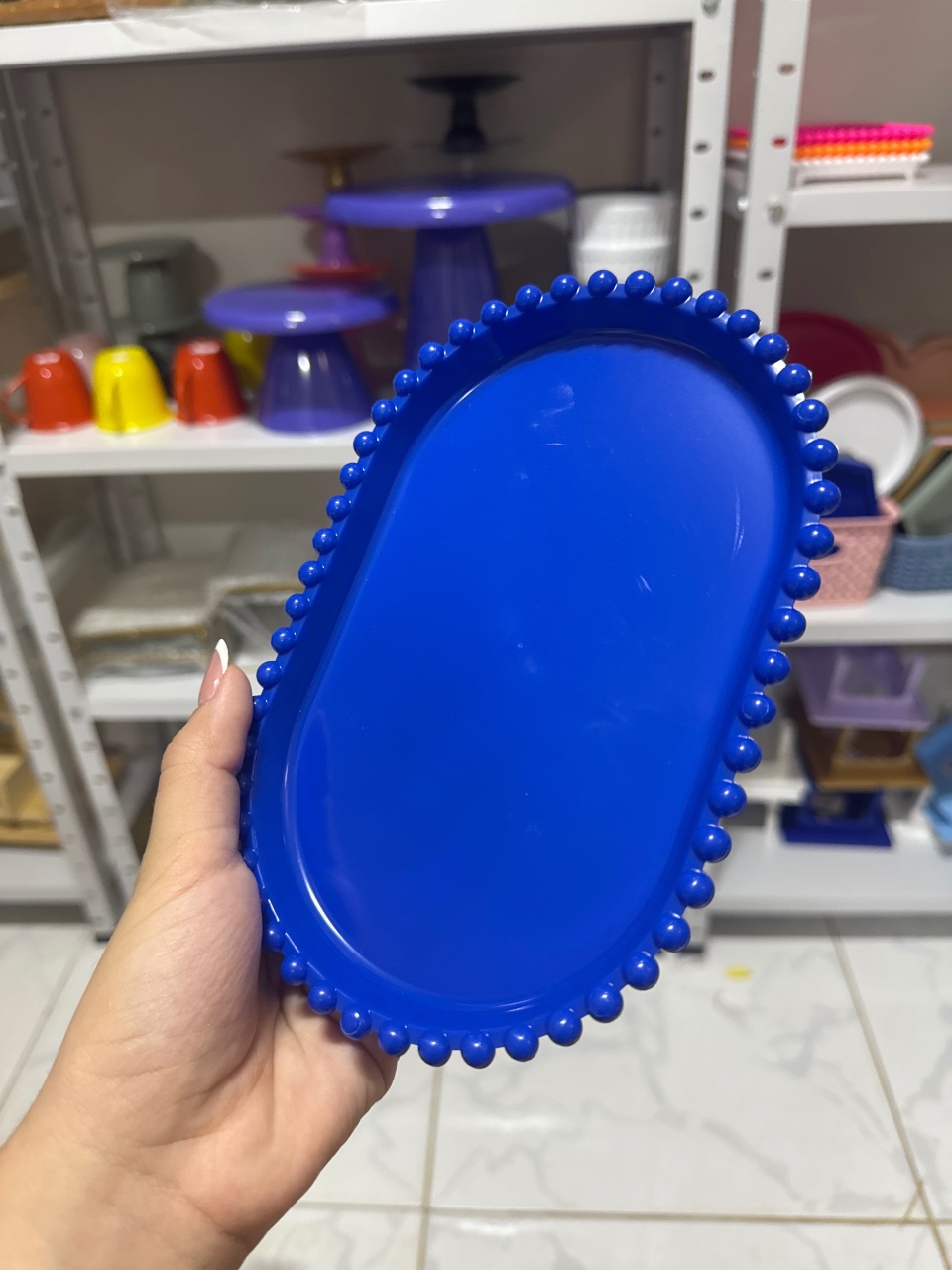 Mini Bandeja Oval Bolinhas Azul Escuro - Mini Festas